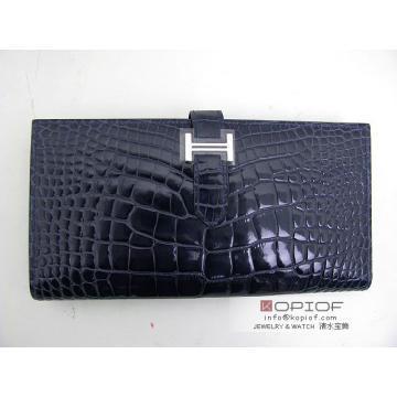 エルメス ベアンスフレ二つ折長財布 アリゲーター/ブルーアビス(金具：シルバー) hr117
